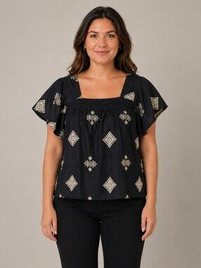 a.n.a Black Embroidered Flutter Sleeve Peasant Blouse Large A-292